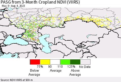 Russian Federation PASG from 3-Month Cropland NDVI (VIIRS) Thematic Map For 7/28/2023 - 8/4/2023