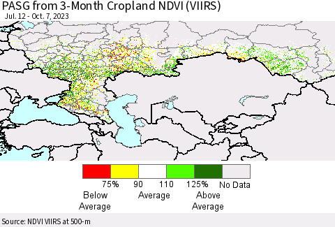 Russian Federation PASG from 3-Month Cropland NDVI (VIIRS) Thematic Map For 9/30/2023 - 10/7/2023