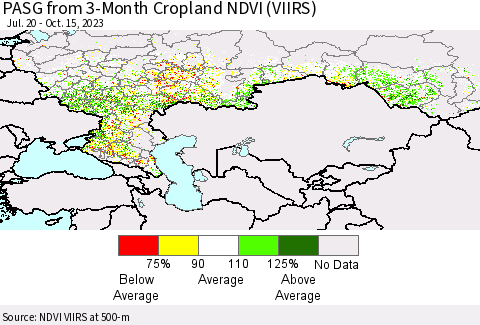 Russian Federation PASG from 3-Month Cropland NDVI (VIIRS) Thematic Map For 10/8/2023 - 10/15/2023