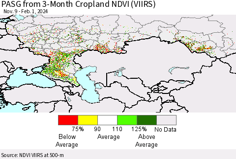 Russian Federation PASG from 3-Month Cropland NDVI (VIIRS) Thematic Map For 1/25/2024 - 2/1/2024