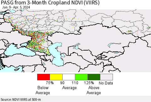 Russian Federation PASG from 3-Month Cropland NDVI (VIIRS) Thematic Map For 3/29/2024 - 4/5/2024