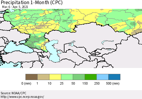 Russian Federation Precipitation 1-Month (CPC) Thematic Map For 3/6/2021 - 4/5/2021