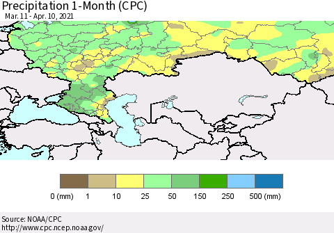 Russian Federation Precipitation 1-Month (CPC) Thematic Map For 3/11/2021 - 4/10/2021