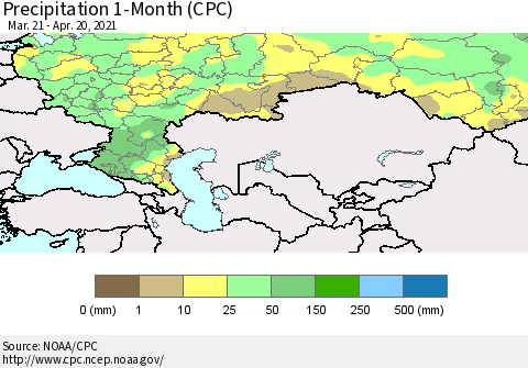 Russian Federation Precipitation 1-Month (CPC) Thematic Map For 3/21/2021 - 4/20/2021