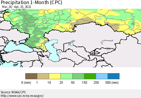 Russian Federation Precipitation 1-Month (CPC) Thematic Map For 3/26/2021 - 4/25/2021