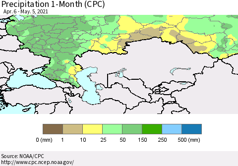 Russian Federation Precipitation 1-Month (CPC) Thematic Map For 4/6/2021 - 5/5/2021