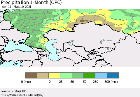 Russian Federation Precipitation 1-Month (CPC) Thematic Map For 4/11/2021 - 5/10/2021