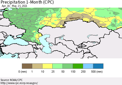 Russian Federation Precipitation 1-Month (CPC) Thematic Map For 4/16/2021 - 5/15/2021