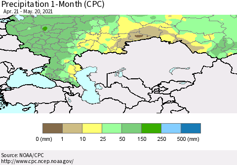 Russian Federation Precipitation 1-Month (CPC) Thematic Map For 4/21/2021 - 5/20/2021