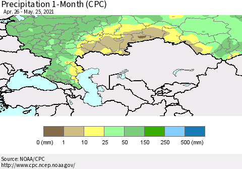 Russian Federation Precipitation 1-Month (CPC) Thematic Map For 4/26/2021 - 5/25/2021