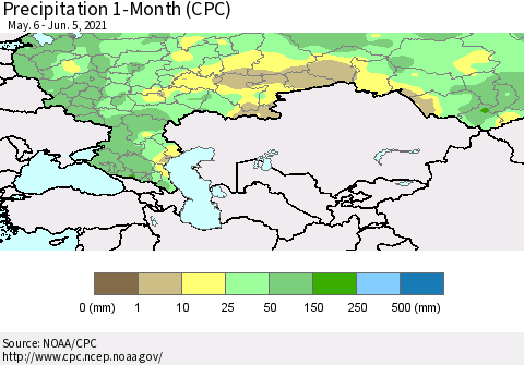 Russian Federation Precipitation 1-Month (CPC) Thematic Map For 5/6/2021 - 6/5/2021