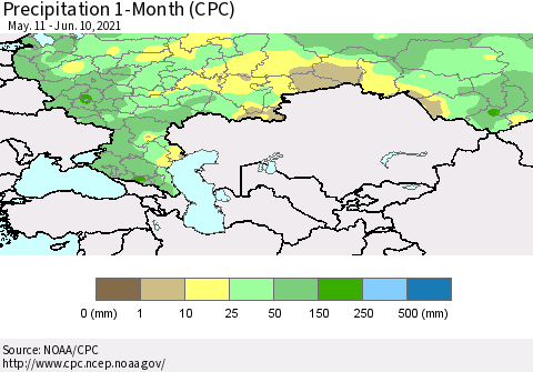 Russian Federation Precipitation 1-Month (CPC) Thematic Map For 5/11/2021 - 6/10/2021