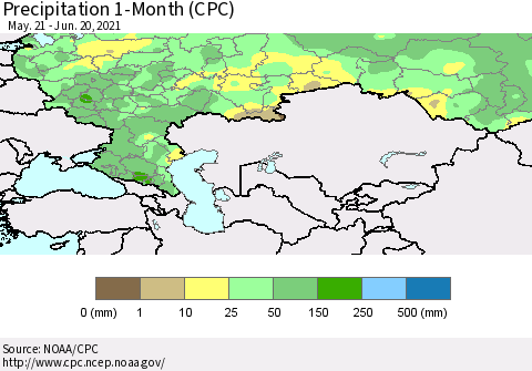 Russian Federation Precipitation 1-Month (CPC) Thematic Map For 5/21/2021 - 6/20/2021