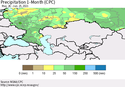 Russian Federation Precipitation 1-Month (CPC) Thematic Map For 5/26/2021 - 6/25/2021