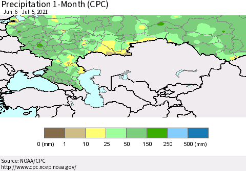 Russian Federation Precipitation 1-Month (CPC) Thematic Map For 6/6/2021 - 7/5/2021