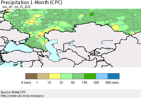 Russian Federation Precipitation 1-Month (CPC) Thematic Map For 6/26/2021 - 7/25/2021