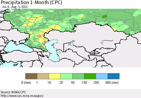 Russian Federation Precipitation 1-Month (CPC) Thematic Map For 7/6/2021 - 8/5/2021