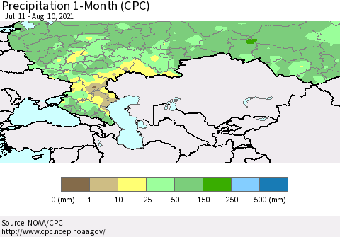 Russian Federation Precipitation 1-Month (CPC) Thematic Map For 7/11/2021 - 8/10/2021