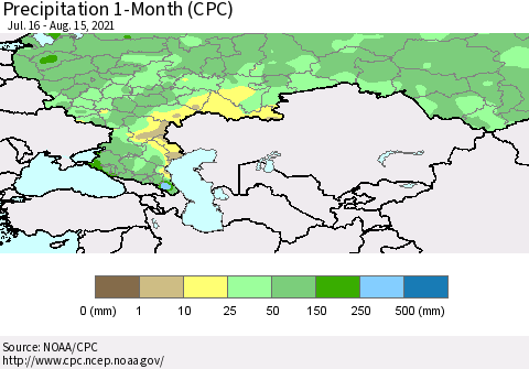 Russian Federation Precipitation 1-Month (CPC) Thematic Map For 7/16/2021 - 8/15/2021