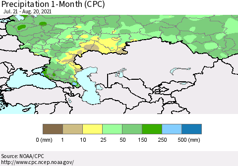 Russian Federation Precipitation 1-Month (CPC) Thematic Map For 7/21/2021 - 8/20/2021