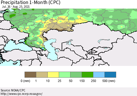Russian Federation Precipitation 1-Month (CPC) Thematic Map For 7/26/2021 - 8/25/2021