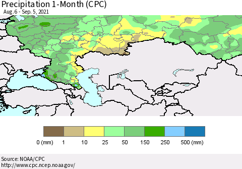 Russian Federation Precipitation 1-Month (CPC) Thematic Map For 8/6/2021 - 9/5/2021