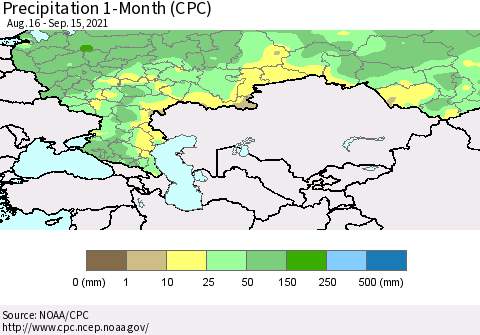 Russian Federation Precipitation 1-Month (CPC) Thematic Map For 8/16/2021 - 9/15/2021