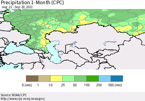 Russian Federation Precipitation 1-Month (CPC) Thematic Map For 8/21/2021 - 9/20/2021