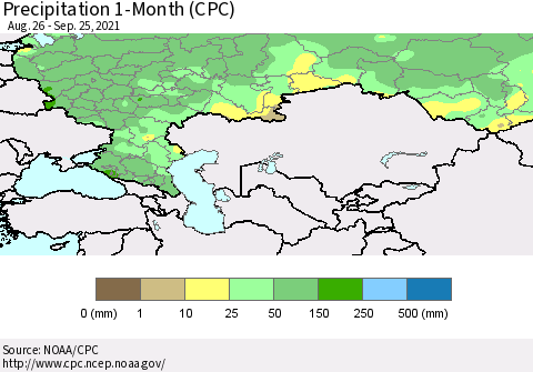 Russian Federation Precipitation 1-Month (CPC) Thematic Map For 8/26/2021 - 9/25/2021