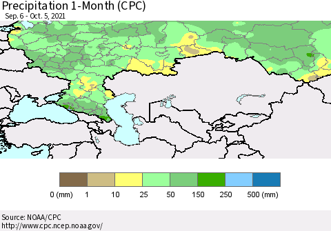 Russian Federation Precipitation 1-Month (CPC) Thematic Map For 9/6/2021 - 10/5/2021
