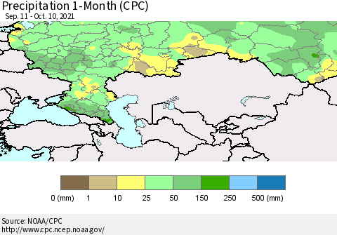 Russian Federation Precipitation 1-Month (CPC) Thematic Map For 9/11/2021 - 10/10/2021