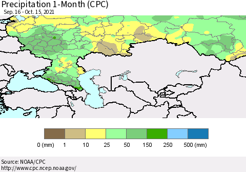 Russian Federation Precipitation 1-Month (CPC) Thematic Map For 9/16/2021 - 10/15/2021