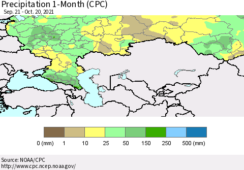 Russian Federation Precipitation 1-Month (CPC) Thematic Map For 9/21/2021 - 10/20/2021