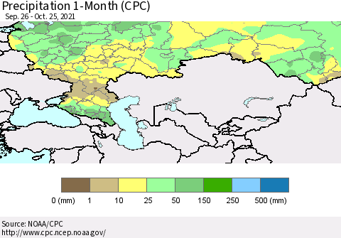 Russian Federation Precipitation 1-Month (CPC) Thematic Map For 9/26/2021 - 10/25/2021