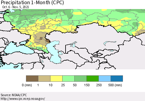 Russian Federation Precipitation 1-Month (CPC) Thematic Map For 10/6/2021 - 11/5/2021