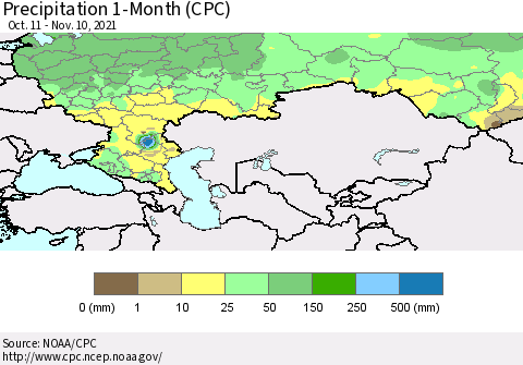 Russian Federation Precipitation 1-Month (CPC) Thematic Map For 10/11/2021 - 11/10/2021