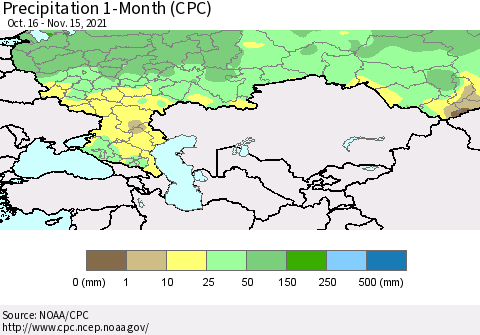 Russian Federation Precipitation 1-Month (CPC) Thematic Map For 10/16/2021 - 11/15/2021