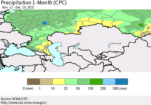 Russian Federation Precipitation 1-Month (CPC) Thematic Map For 11/11/2021 - 12/10/2021