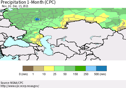 Russian Federation Precipitation 1-Month (CPC) Thematic Map For 11/16/2021 - 12/15/2021