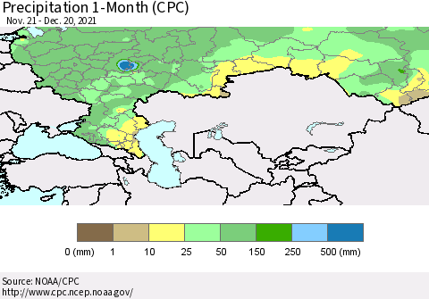 Russian Federation Precipitation 1-Month (CPC) Thematic Map For 11/21/2021 - 12/20/2021