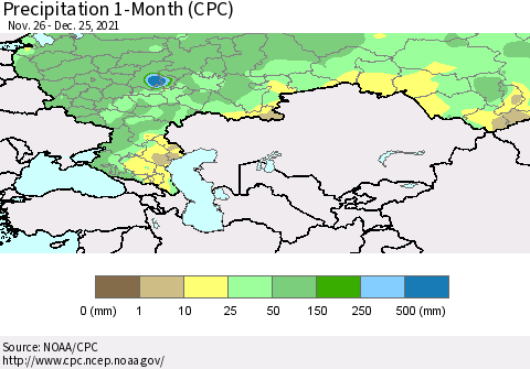 Russian Federation Precipitation 1-Month (CPC) Thematic Map For 11/26/2021 - 12/25/2021