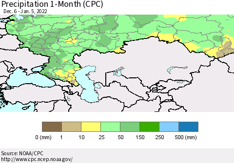 Russian Federation Precipitation 1-Month (CPC) Thematic Map For 12/6/2021 - 1/5/2022