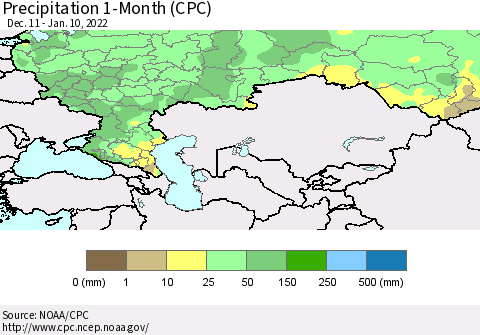 Russian Federation Precipitation 1-Month (CPC) Thematic Map For 12/11/2021 - 1/10/2022