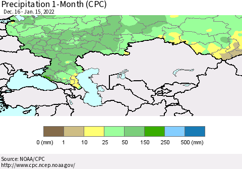 Russian Federation Precipitation 1-Month (CPC) Thematic Map For 12/16/2021 - 1/15/2022