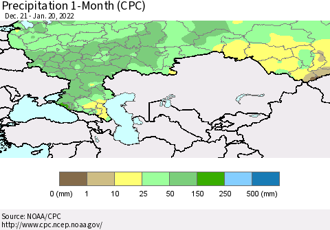 Russian Federation Precipitation 1-Month (CPC) Thematic Map For 12/21/2021 - 1/20/2022