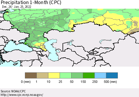 Russian Federation Precipitation 1-Month (CPC) Thematic Map For 12/26/2021 - 1/25/2022