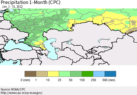 Russian Federation Precipitation 1-Month (CPC) Thematic Map For 1/1/2022 - 1/31/2022