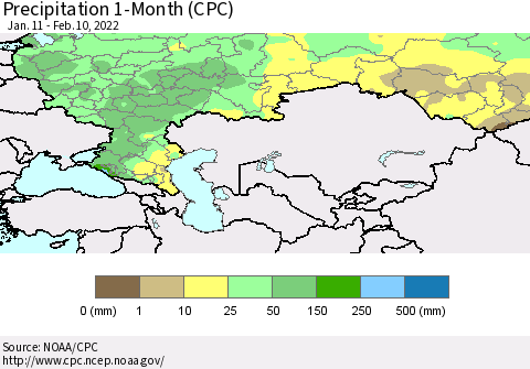 Russian Federation Precipitation 1-Month (CPC) Thematic Map For 1/11/2022 - 2/10/2022