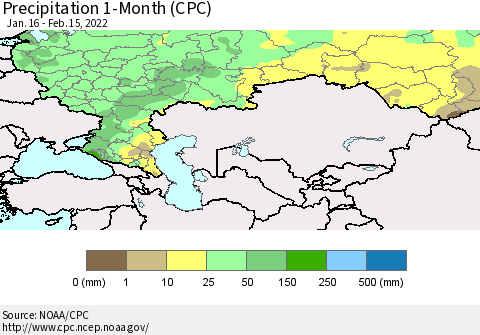 Russian Federation Precipitation 1-Month (CPC) Thematic Map For 1/16/2022 - 2/15/2022