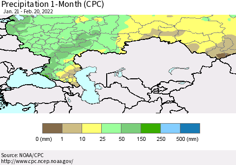 Russian Federation Precipitation 1-Month (CPC) Thematic Map For 1/21/2022 - 2/20/2022